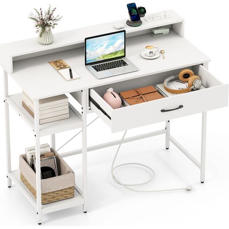 COSTWAY Computer Desk Writing Work Study Desk with Power Outlets-White (1/5)