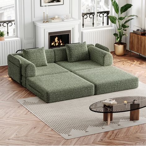 Divano letto convertibile 2 in 1 in ciniglia, divano modulare a 2 posti con bracciolo contenitore e struttura in acciaio, verde (1/5)