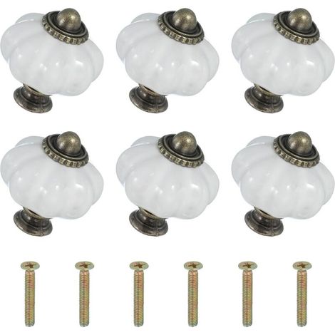 Six boutons en céramique blanche, de 3,3 x 3,3 x 3,8 cm chacun, avec vis. Boutons et poignées de tiroir en céramique en forme de citrouille. (1/5)