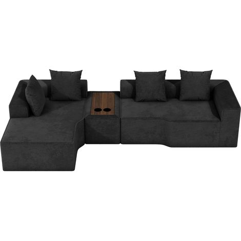 Divano angolare modulare a 3 posti con lato sinistro in velluto a coste compresso,con tavolino multifunzionale integrato,320x152x59cm,nero