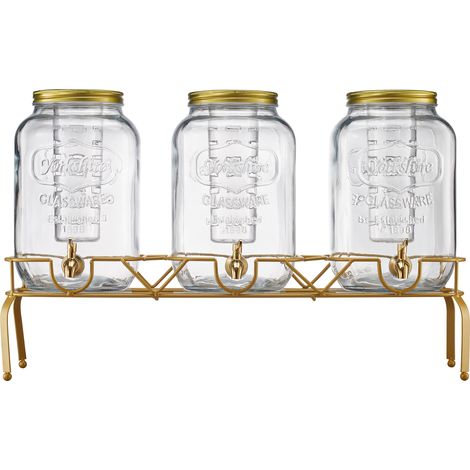 Mophorn Distributeur de boissons 8 L 3 pièces, carafe en verre avec support métallique, robinet et infuseur, idéal pour eau, jus, thé glacé et limonade, parfait pour restaurants, cafés, hôtels et