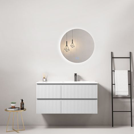 Mobile bagno sospeso cannettato 100 cm Bianco Lavabo a Destra in Ceramica Specchio Tondo Retroilluminato - Fiji Paint