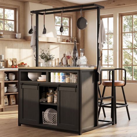 Meuble de cuisine avec plan de travail, prise électrique, 107 x 62 x 183 cm, noir HAVRYA (1/5)