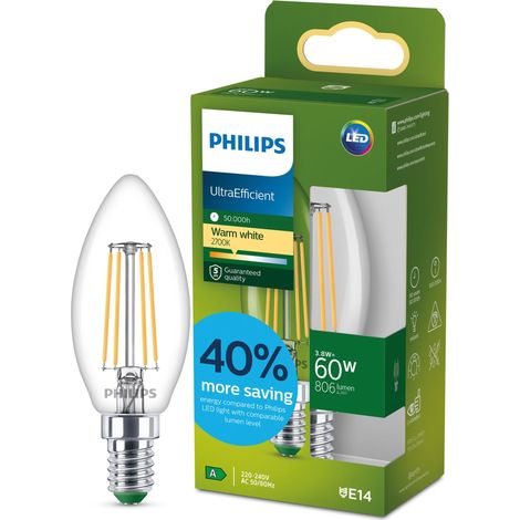Ampoule Filament Claire B35 Bougie, Petit Culot Edison E14, Classe Énergétique A, 806 lm, Équivalent 60W, Blanc Chaud (2700K), 50 000 Heures, 1 Pack (1/5)