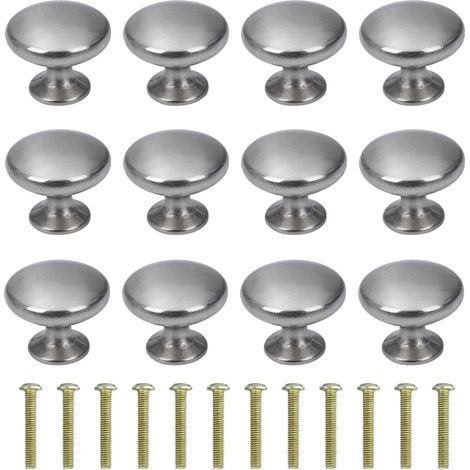 Poignées de porte/tiroir rondes, 30 mm, avec vis, pour armoire, bureau, table de chevet, bibliothèque, meubles, lot de 12, argent brossé