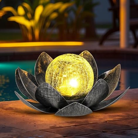 Solar Lights Outdoor Lotus Petal Metal Crackle Glass Lantern Waterproof Solar Lights for Patio Lawn Driveway Pond Grey (1/5)