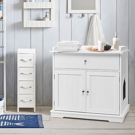 Tavolino decorativo moderno con lettiera per gatti con cassetto e 2 ante per uso interno bianco