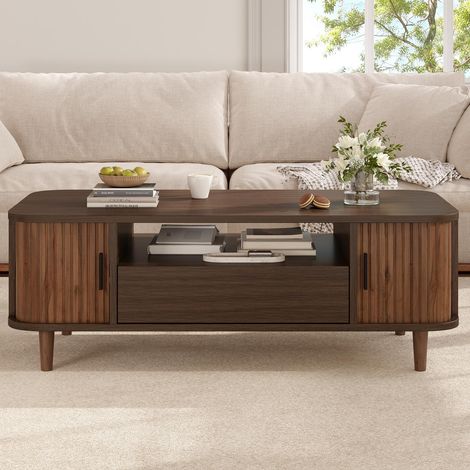 Table basse 100 x 50 x 35 cm avec tiroir, 2 portes coulissantes à rideaux, compartiment de rangement ouvert, style japandi scandinave, mdf, noyer (1/5)