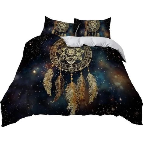 Parure de lit enfant 200x200cm, motif attrape-rêves et plumes étoilées, 2 taies d'oreiller 65x65cm, noir (1/4)