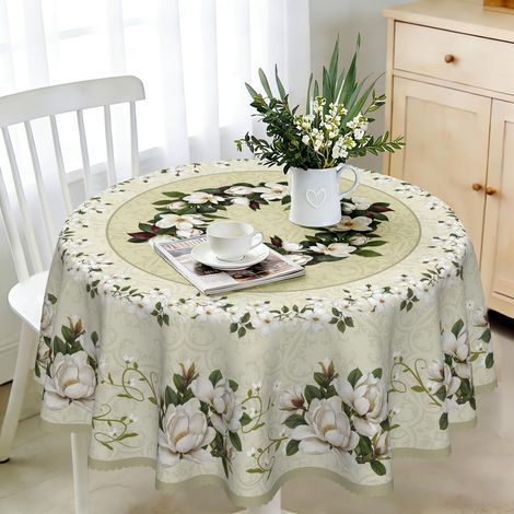 Tischdecke Rund 150 cm Wetterfest Abwaschbar Polyester Magnolia Floral Muster für Garten & Küche