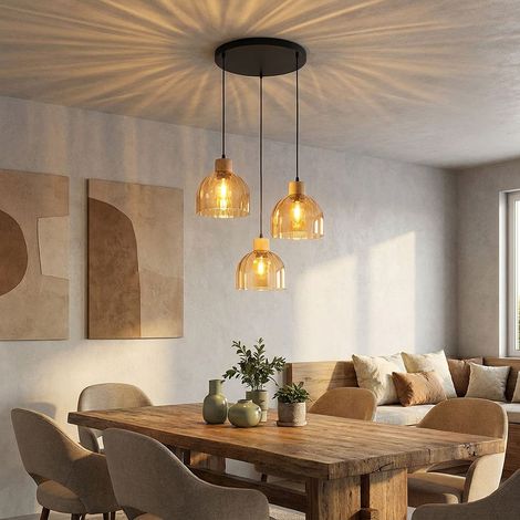 Suspension LED en métal noir mat, verre et bois, lampe de salle à manger, H 130 cm (1/5)