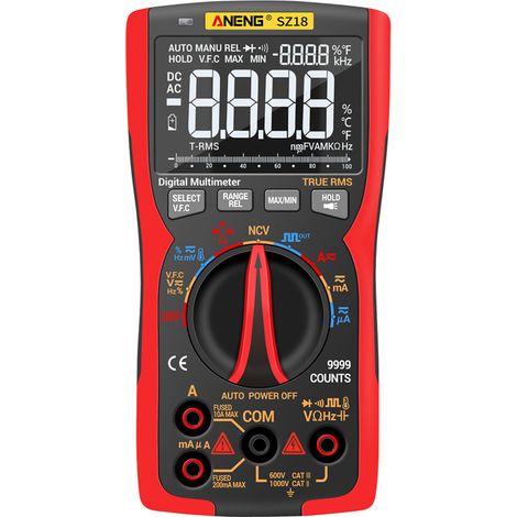 SZ18 9999 Punkte T-RMS LCD-Multimeter, AC/DC-Test, Kapazität, Diode, Frequenz, Temperatur, Maximal-/Minimalwiderstand
