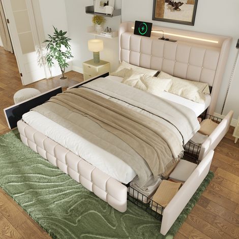 Cama doble tapizada con 4 cajones y LED USB beige OKMYHOME (1/5)