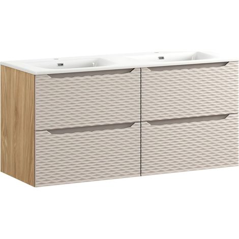 Set da bagno YOKA beige: 2 mobili sotto lavabo 60cm con cassetti + lavabo da incasso