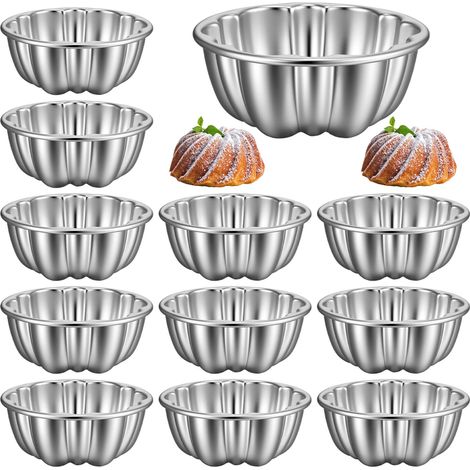 Moldes redondos antiadherentes y acanalados de acero al carbono (12 unidades) - para pasteles, pudines, panes y magdalenas (plateados) (1/5)