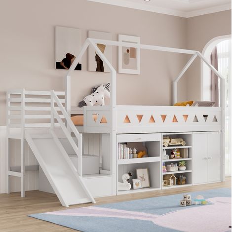 CHICFURN Letto a soppalco per bambini 90x200 cm bianco con scivolo e scale, senza materasso (1/5)