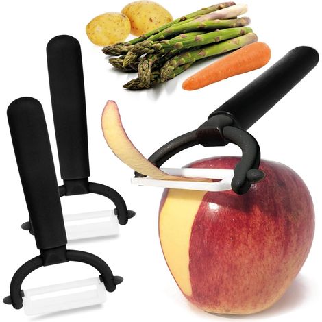 Pelador universal 3X con cuchilla de cerámica para frutas y verduras - Especial para frutas y verduras - Acero inoxidable (3 piezas - Negro)