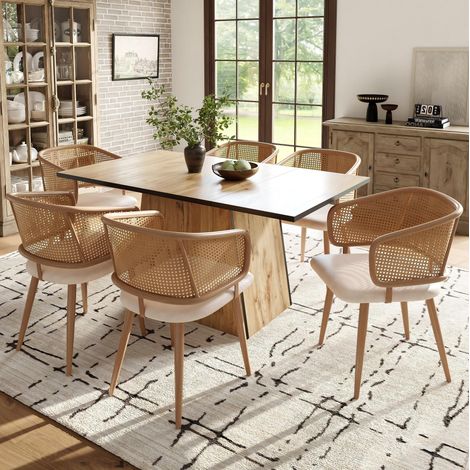 Silla comedor con respaldo de ratán y asiento beige OKMYHOME (1/5)