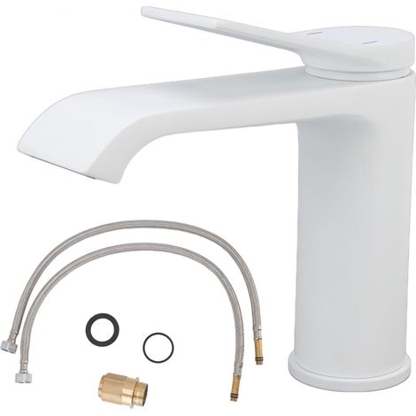 Robinet de Lavabo Blanc Style Court, Anti-Fuite et Anti-Corrosion, Filetage G1/2 pour Eau Chaude et Froide, Idéal Salle de Bain Maison (1/5)