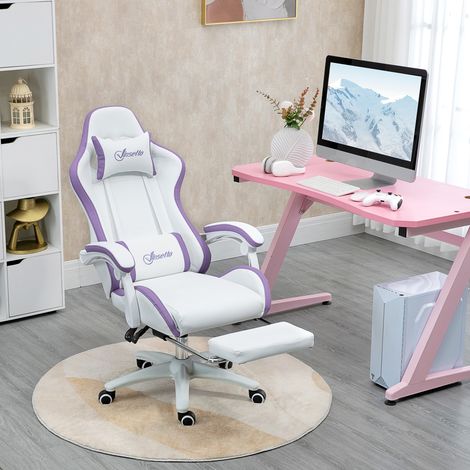 Gaming-Stuhl, ergonomischer Gaming-Stuhl mit um 135° verstellbarer Rückenlehne und Lendenwirbelstütze, 65 x 65 x 121–129 cm, weiß