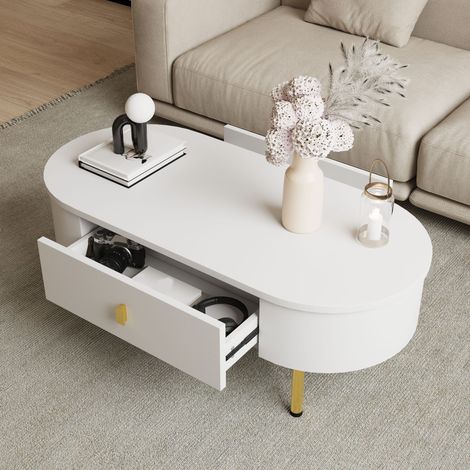 Table basse blanche moderne 2 tiroirs, poignées et pieds dorés, bords arrondis, 108 cm (1/5)