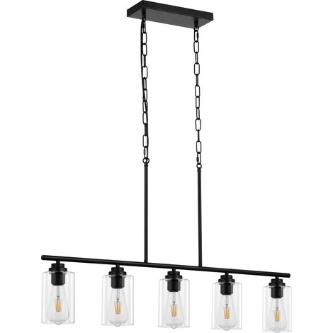Éclairage d'îlot de cuisine, 5 lumières, lampe suspension linéaire de ferme 60 W, avec abat-jour en verre transparent, 4 tiges et 2 chaînes en métal, luminaire réglable pour salle à manger, E27 (1/5)