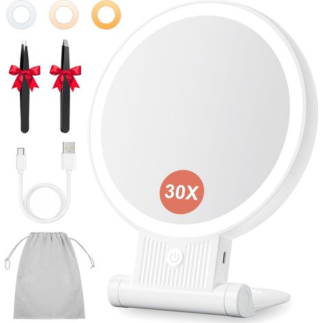Miroir Grossissant Lumineux Double Face 1X/30X, Miroir Maquillage 3 Couleurs D'éclairage, Luminosité Réglable, Batterie 2000mAh Rechargeable, Support 360°, Mural/Portable/Pliable (1/5)