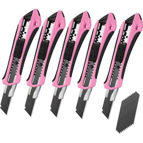 5er Set Cuttermesser 18mm SK5 Klingen Gummigriff in Rosa & Schwarz (1/5)