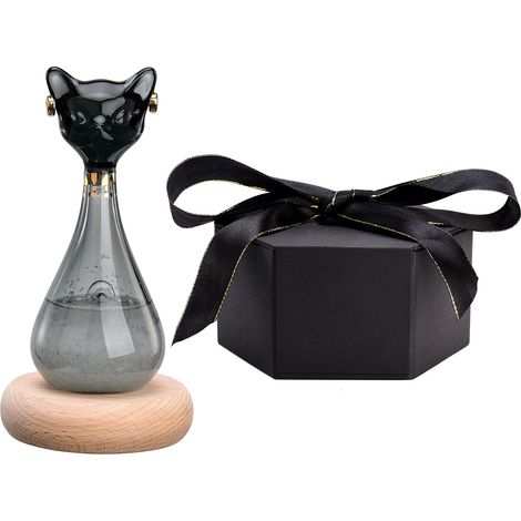 Bottiglia in vetro ergonomica a forma di gatto nero per previsioni del tempo, 12x7x5 cm, base in legno, 343 g, idea regalo (1/4)