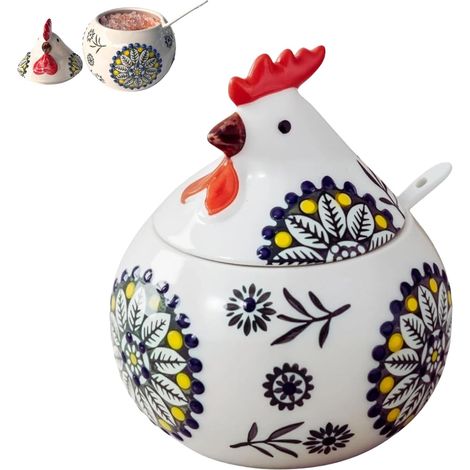 Salière en céramique avec couvercle et cuillère – Récipient à sel de 400 ml (13,5 oz) pour plan de travail, salière en forme de poule avec couvercle, décoration de cuisine style ferme (1/5)