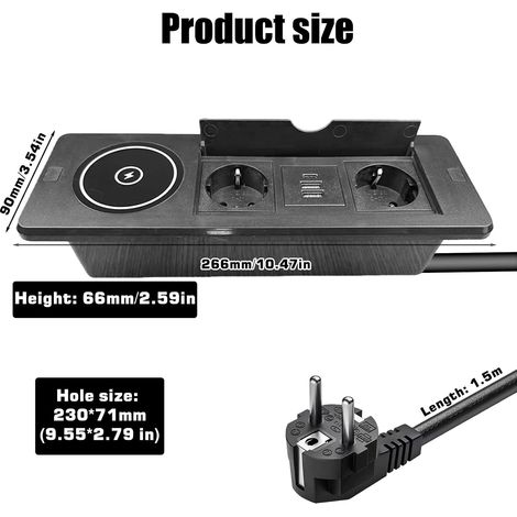Prise USB-C PD rétractable avec charge sans fil 20 W et 15 W, 2 prises encastrées, pour table, bureau ou cuisine, noir, câble de 1,5 m (1/4)