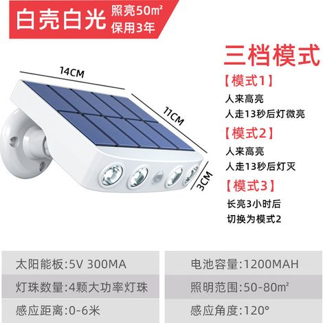 Nueva luz solar exterior para casa, patio, césped, jardín, aplique de pared con sensor de movimiento, alumbrado público. Carcasa blanca y luz blanca (empaquetadas individualmente) +1 Yuan. (1/5)