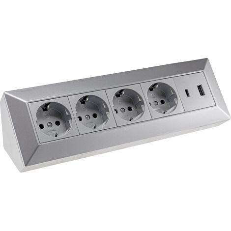 Bloc multiprise CHILITEC 23789, 4 ports, USB-A+C, 250V/16A, argenté (1/5)
