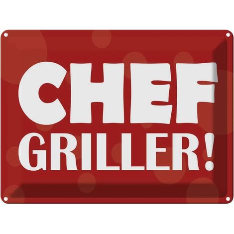 Plaque métallique 30x40 cm, rouge, citation « Chef Griller » (1/4)