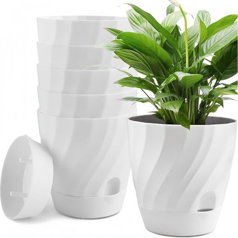 6 Pièces Pots de Fleurs Auto-Arrosants, 12CM Rond Conteneur Épais en Plastique pour Succulentes Herbes Orchidées Menthe Jardin Plantes - avec Trou D'arrosage, Drainage et Soucoupe (Blanc) (1/5)
