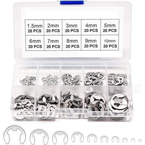 200 E-Clips Anneau de Retenue Externe Snap, Kit de Assortiment Anneau de Circlips Interne Acier Inoxydable - 1.5/2/3/4/5/6/7/8/9/10 mm-ARCAN (1/4)