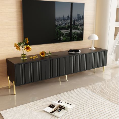 Mueble para TV de MDF y tablero de partículas negro 190x38x48 cm, 4 puertas, gran almacenaje y patas doradas (1/5)