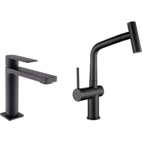 Set miscelatore lavabo + miscelatore cucina Ceramia Timeless in acciaio inox con doccetta estraibile, nero opaco (SATTMLW271BM)