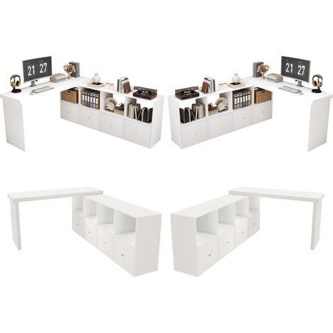 Bureau d'angle pivotant 360°, plateau en MDF blanc, réglable en forme de L ou droit, pieds renforcés de 4 cm, 4 casiers et 4 tiroirs, table de travail flexible pour ordinateur. (1/5)