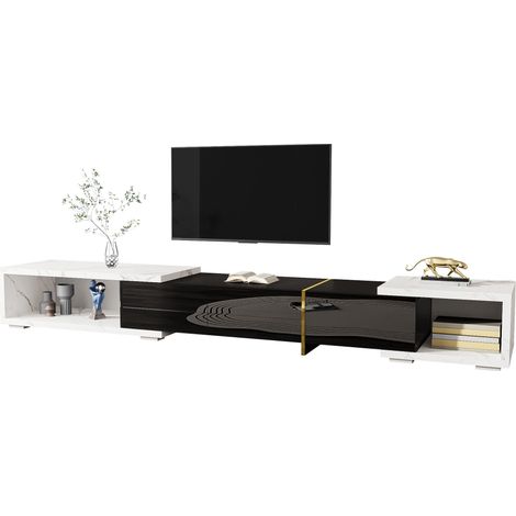 Meuble TV moderne à longueur variable (140-260 cm), fonction pivotante, aspect marbre blanc, finition mate noire brillante et ornements dorés.