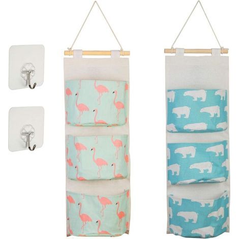 Juego de 2 bolsas de almacenamiento colgantes, cesta de tela para estante de pared con 3 bolsillos, bolsas organizadoras para dormitorio, baño y cocina. (1/4)