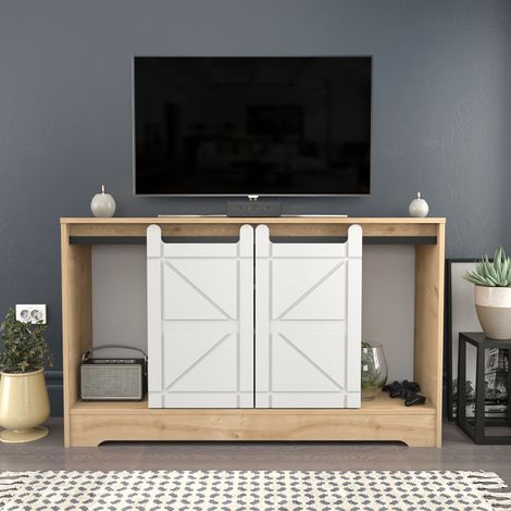 Decorotika Ahris Barndoor Style Meuble TV Meuble TV With Multiple ShelvesSliding Door TV Cabinet - Sapphire Oak Pattern And Blanc (1/5)