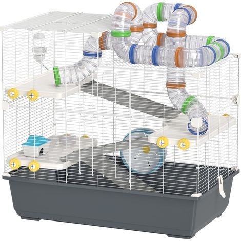 Gabbia per criceto nano a 4 livelli in metallo grigio con tunnel e accessori, 78 x 45 x 73 cm (1/4)