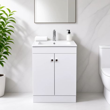 Meuble Salle de Bains avec vasque/lavabo LOOK 60 Blanc à poser avec plan céramique. (1/5)