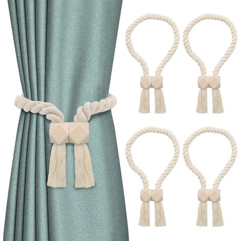Set of 4 Magnetic Curtain Ties, Strong Magnet Design for Light or Thick Curtains, Modern Style No Drilling Closure for Living Room, Bedroom and Office, Beige Cotton Rope (1/5)
