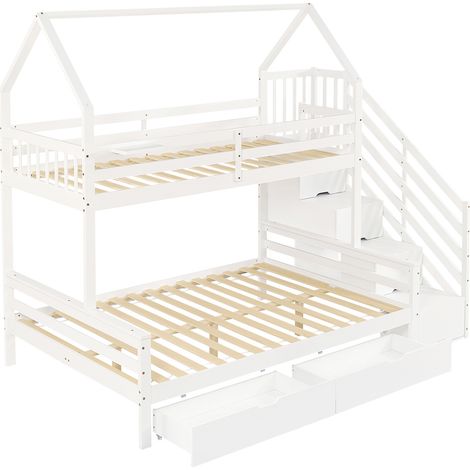 Letto a castello bianco con 2 cassetti, scala contenitore e tetto 90x200 140x200 (1/5)