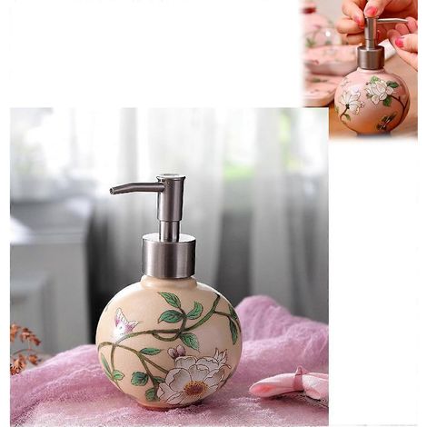 Distributeur de savon céramique fait main, flacon lotion peint style chinois bleu/rouge, rechargeable pompe métal, pour salle de bain, cuisine, douche (1/5)