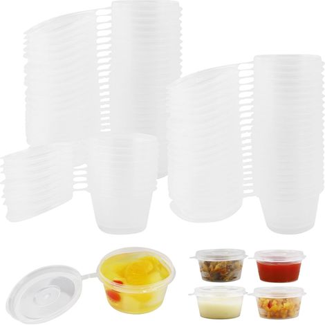100 tarros pequeños de 25 ml (1 oz) para salsa, de plástico transparente, con tapa hermética, reutilizables, para kétchup o salsa de soja.