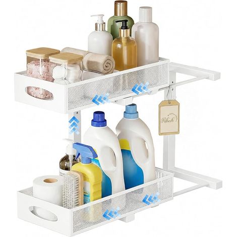 Organisateur INOX Métallique 2 Étages à Tiroirs Coulissants – Rangement Réglable en Hauteur avec 4 Ventouses, pour Évier, Salle de Bain & Cuisine, Blanc (1/5)