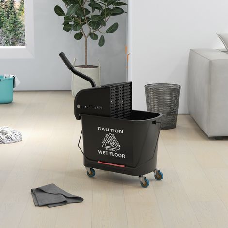 Chariot de nettoyage en plastique PP de 20L avec seau et essoreur, 60x27x70,5 cm, noir (1/5)
